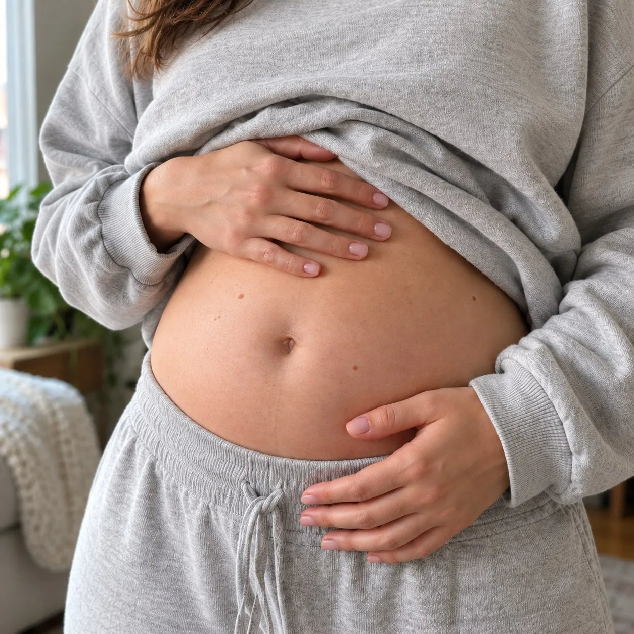 Woman in grey loungewear holding her bloated stomach