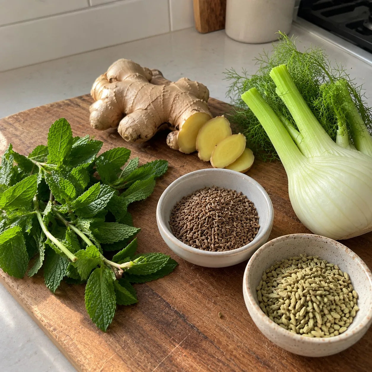 Fresh mint, ginger root, fennel bulb and bowls of cumin and fennel seeds on a wooden board