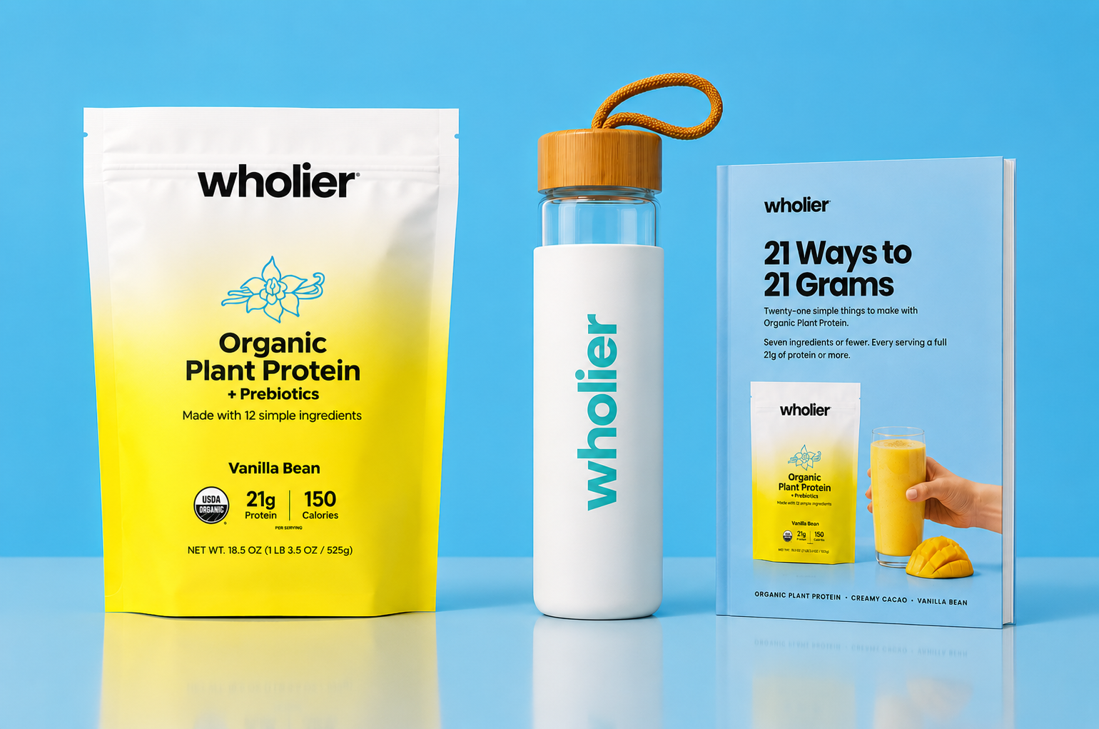 Creamy Cacao pouch with the free glass shaker bottle and free recipe book