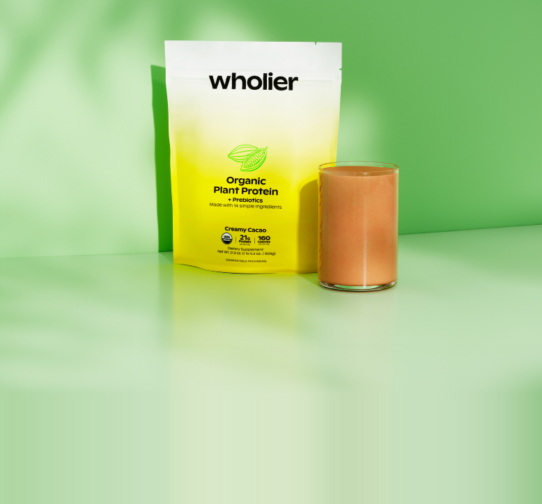 Creamy Cacao pouch beside a blended cacao shake