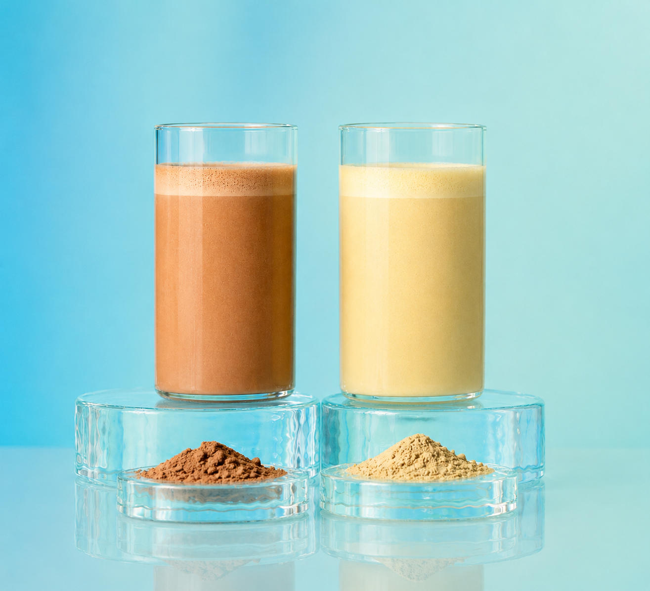 A glass of Creamy Cacao and a glass of Vanilla Bean, with both powders