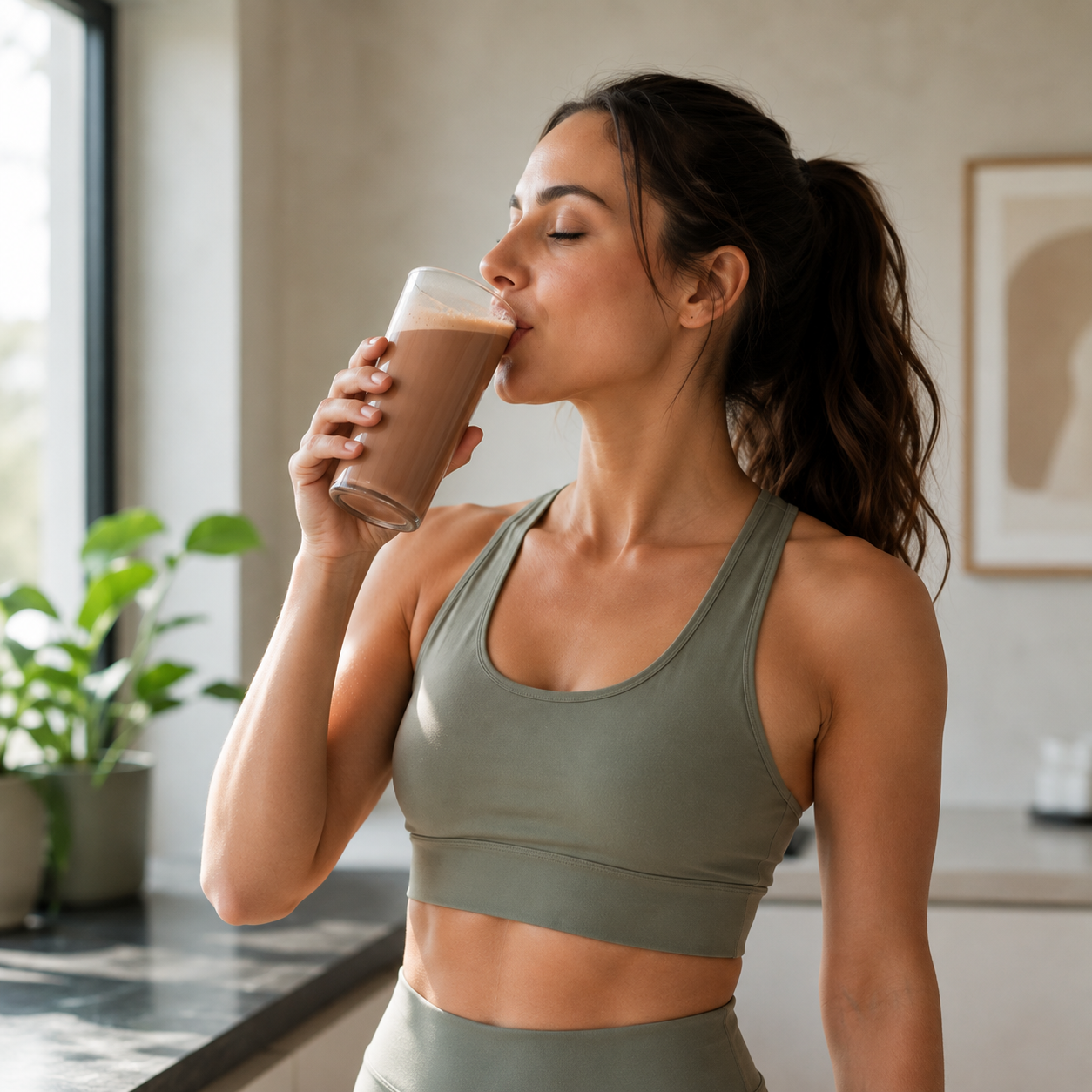 Woman drinking a blended cacao protein shake in her kitchen
