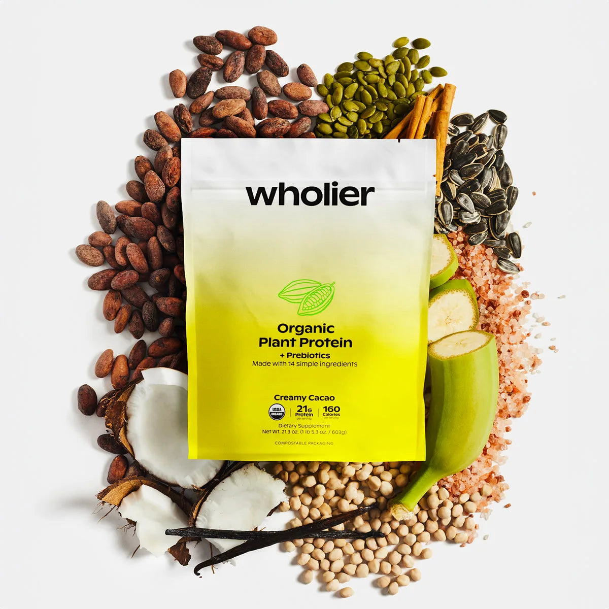 The wholier pouch surrounded by its raw organic ingredients