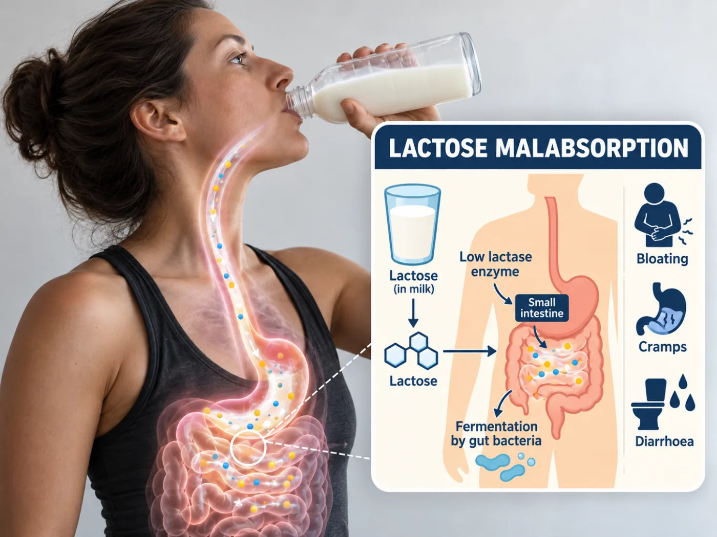 Woman drinking milk with a diagram of lactose malabsorption: low lactase enzyme, fermentation by gut bacteria, bloating, cramps and diarrhoea