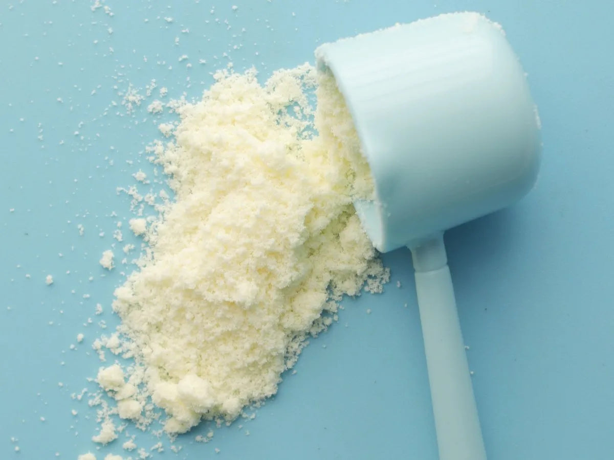 A scoop of protein powder spilled on a blue background