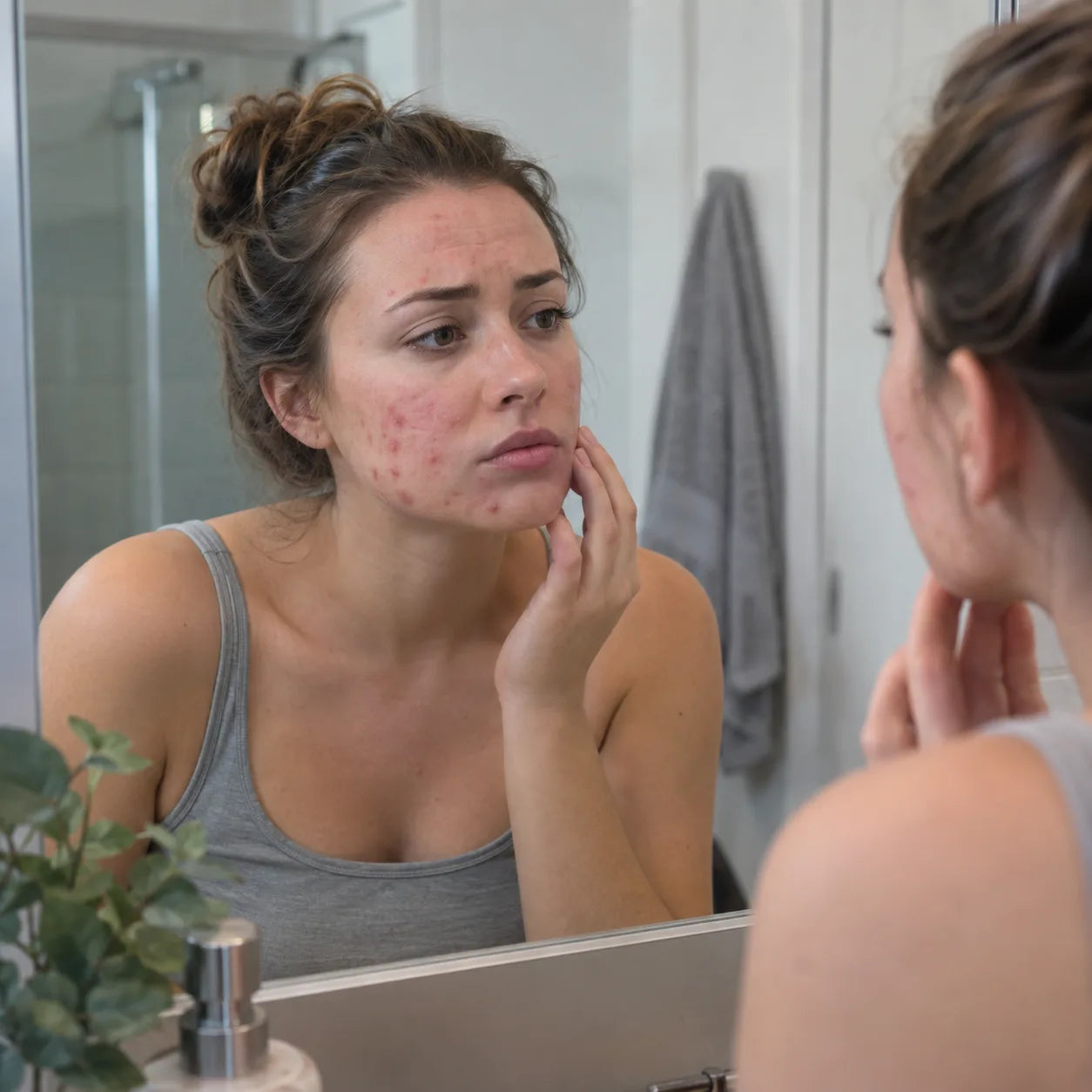 Woman examining a breakout on her cheek in the bathroom mirror