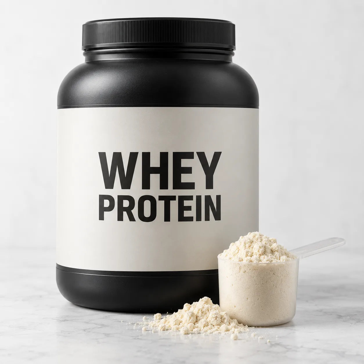 A tub of whey protein with a scoop of powder
