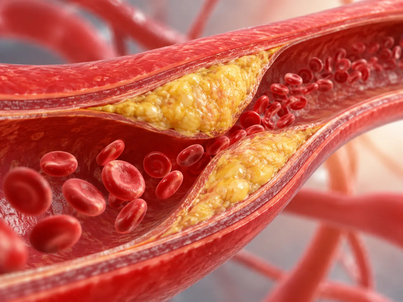 Cross-section illustration of an artery narrowed by cholesterol plaque