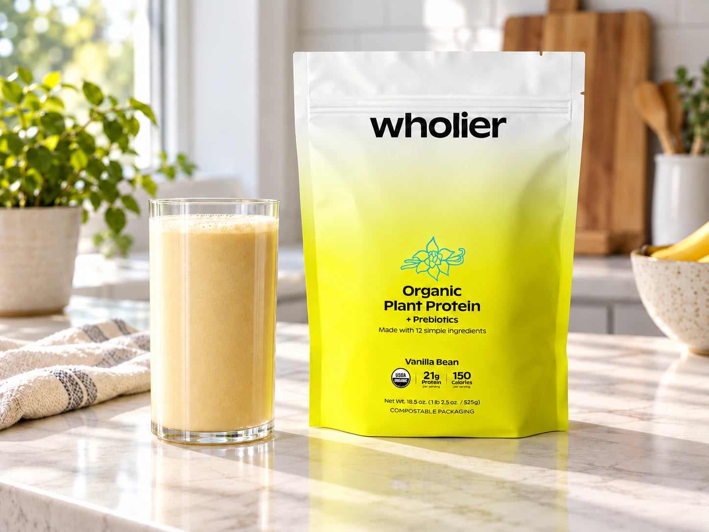 Vanilla Bean pouch and a glass of blended shake on a kitchen counter
