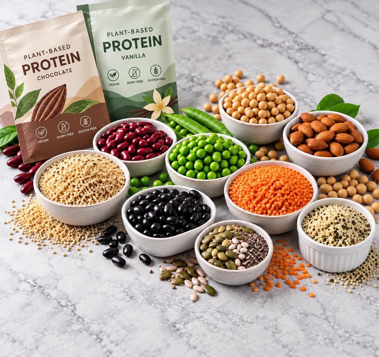 Plant-based protein pouches beside bowls of beans, peas, lentils, quinoa, almonds and seeds