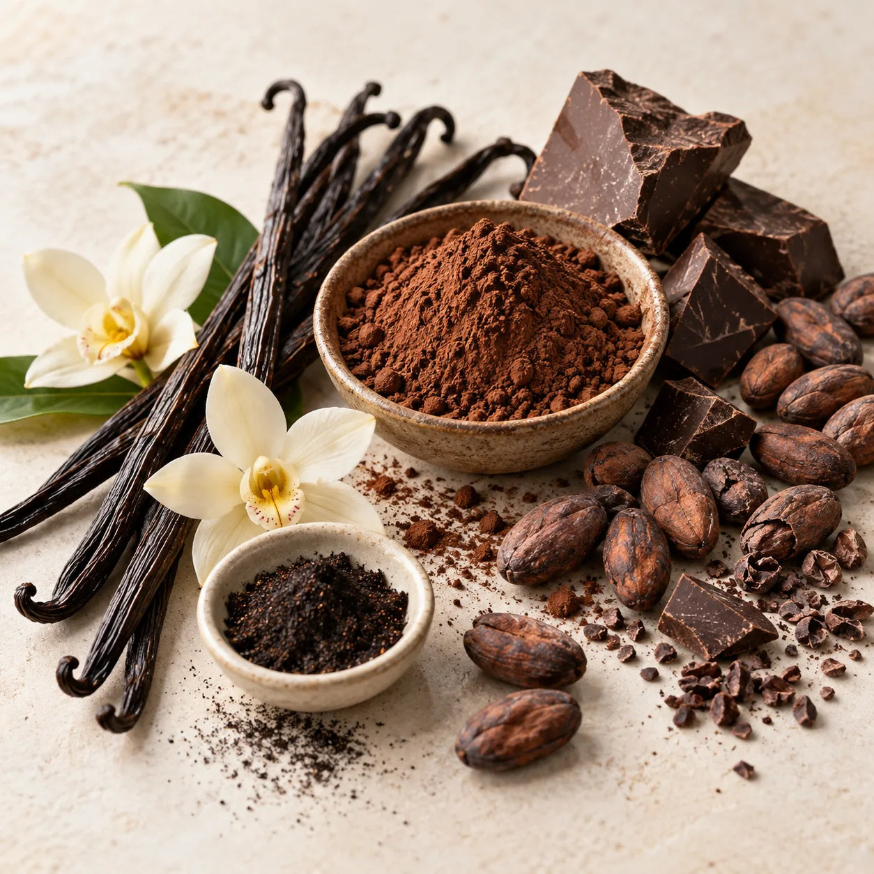 Vanilla beans and vanilla flowers beside cacao beans, cocoa powder and dark chocolate