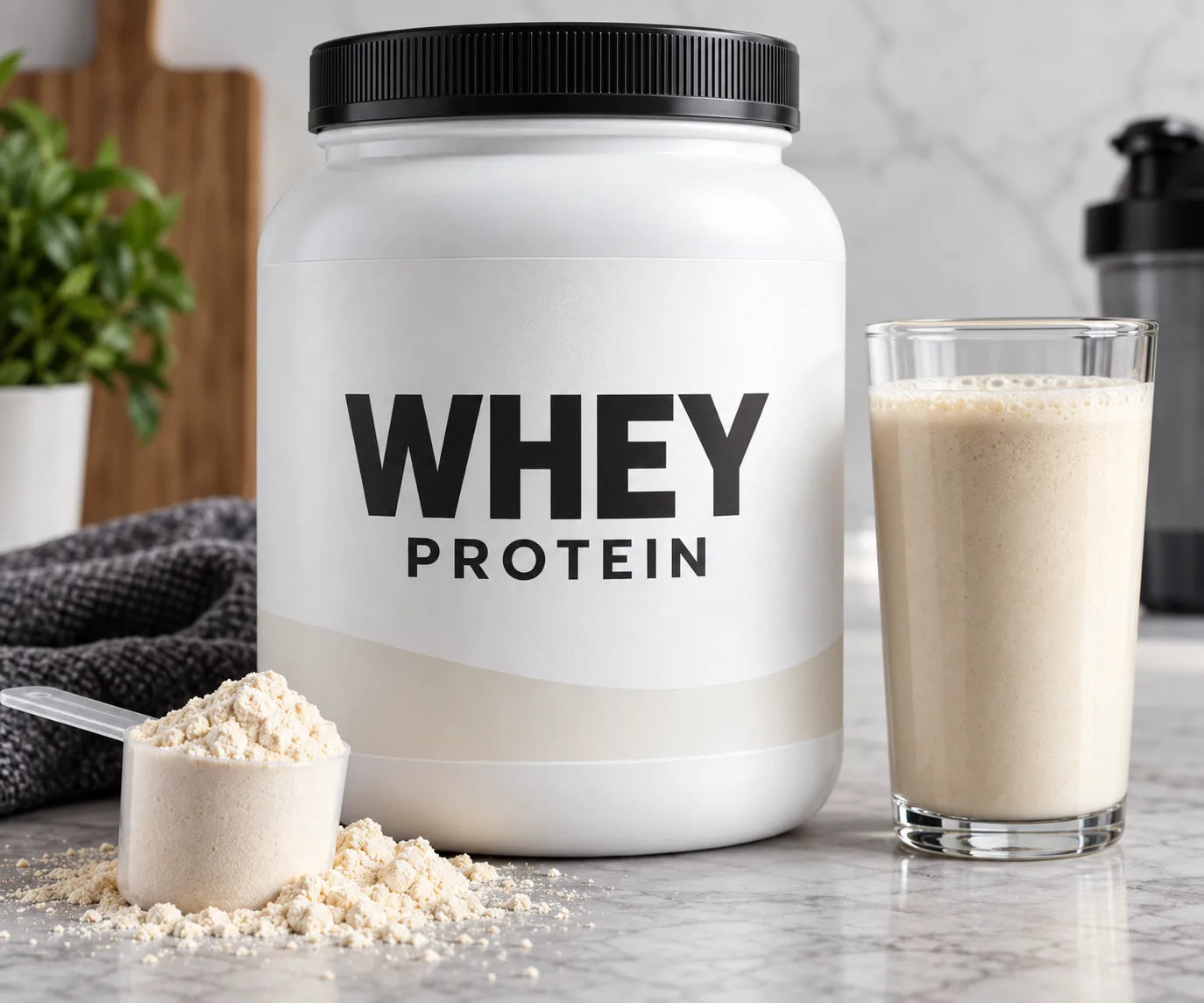 A tub of whey protein with a scoop of powder and a glass of shake