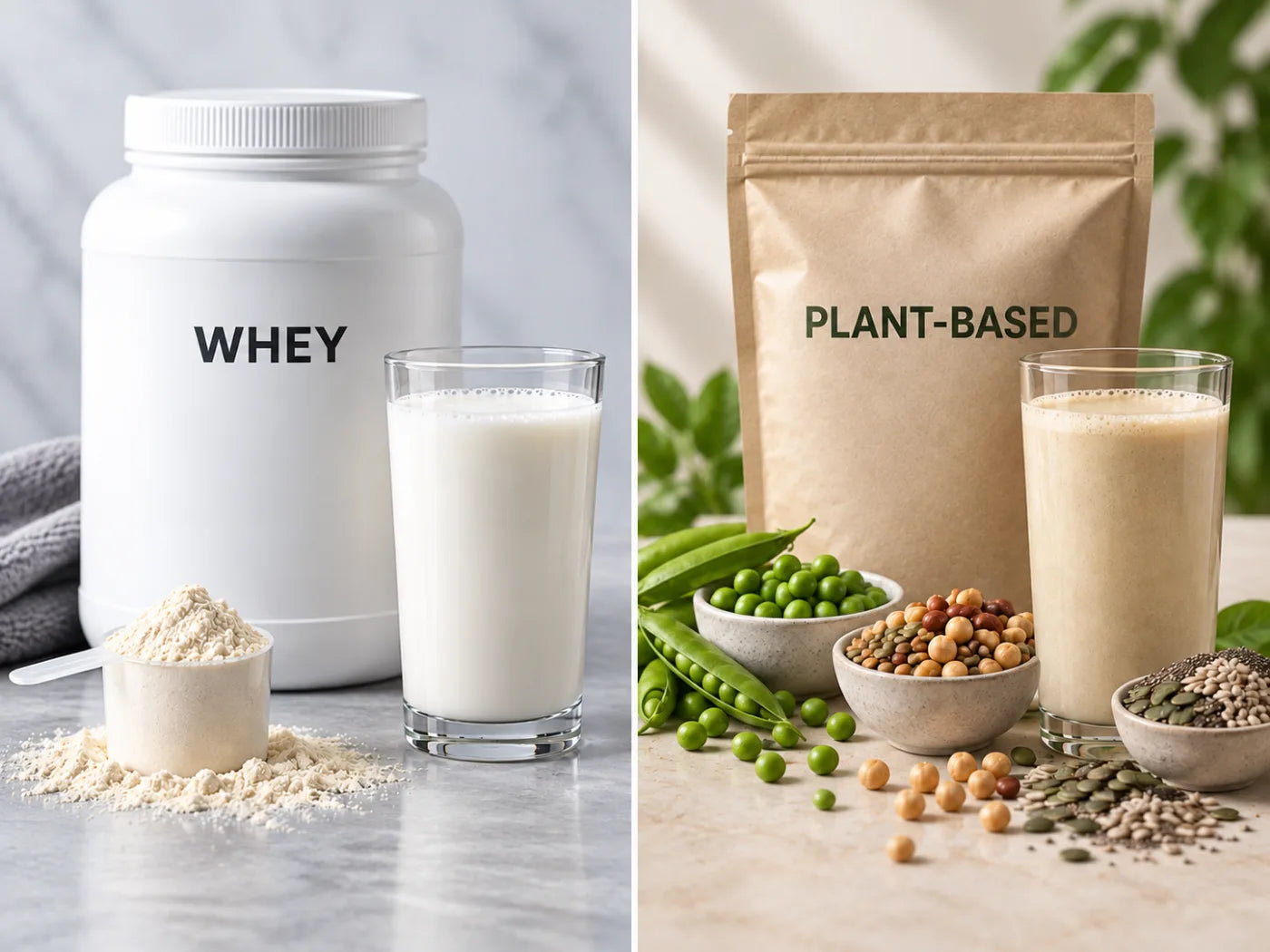 A tub of whey protein with a glass of milk beside a plant-based protein pouch with peas, pulses and seeds